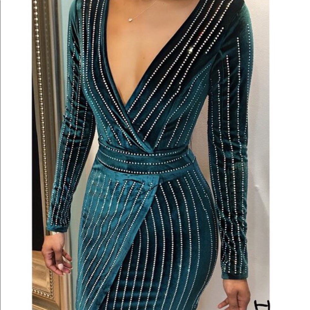 Blue Velvet Midi Rhinestone Dress
